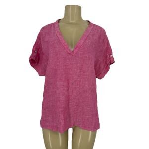 Isaac Mizrahi New York Medium Women Top Short Sl 100% Linen V-neck Pink 40-19